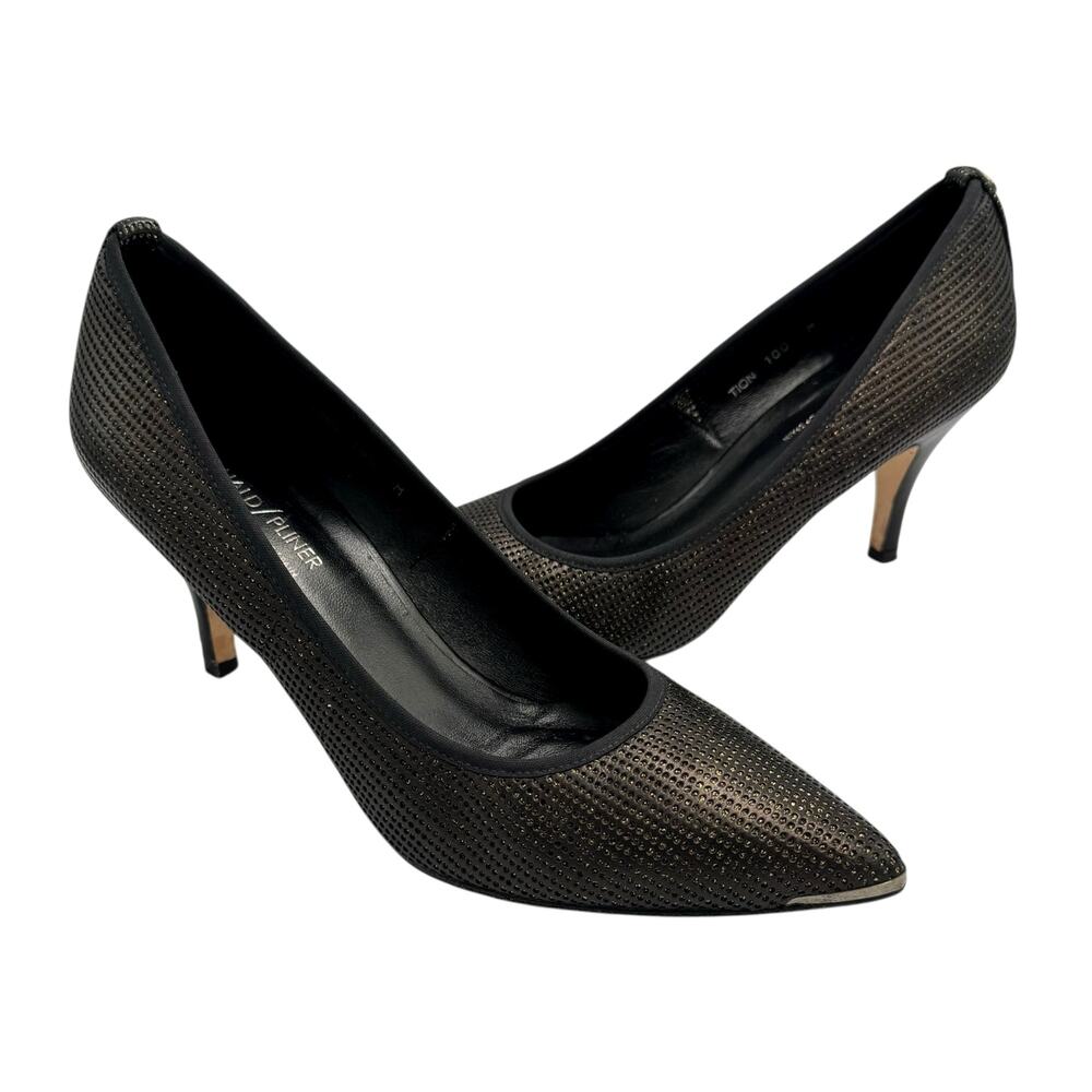 Donald J Pliner Tion Black Leather Gold Detail Perforated Pointed High Heel Pump
